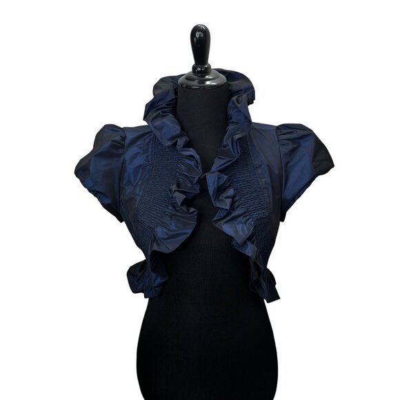 Forever 21 Cropped Bolero Jacket L Taffeta Ruffle Peplum Blue Holiday Party - Picture 1 of 5